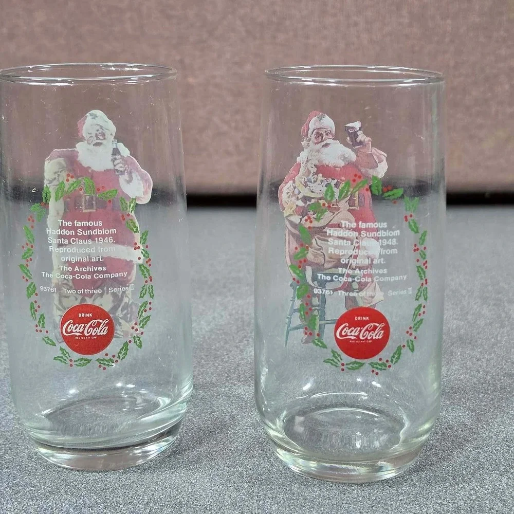 Coca-Cola Santa Claus Glasses Set of 2 Haddon Sundblom 1946 1948 Series II Clear